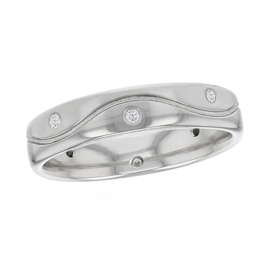 4.3mm wide platinum ladies diamond set patterned wedding ring, woman's, bridal, personalised engraving, court profile, comfort fit, marraige ring, precious jewellery by Faller of Derry/ Londonderry, jewelry, 8 flush set round brilliant diamonds, equidistant, wave pattern