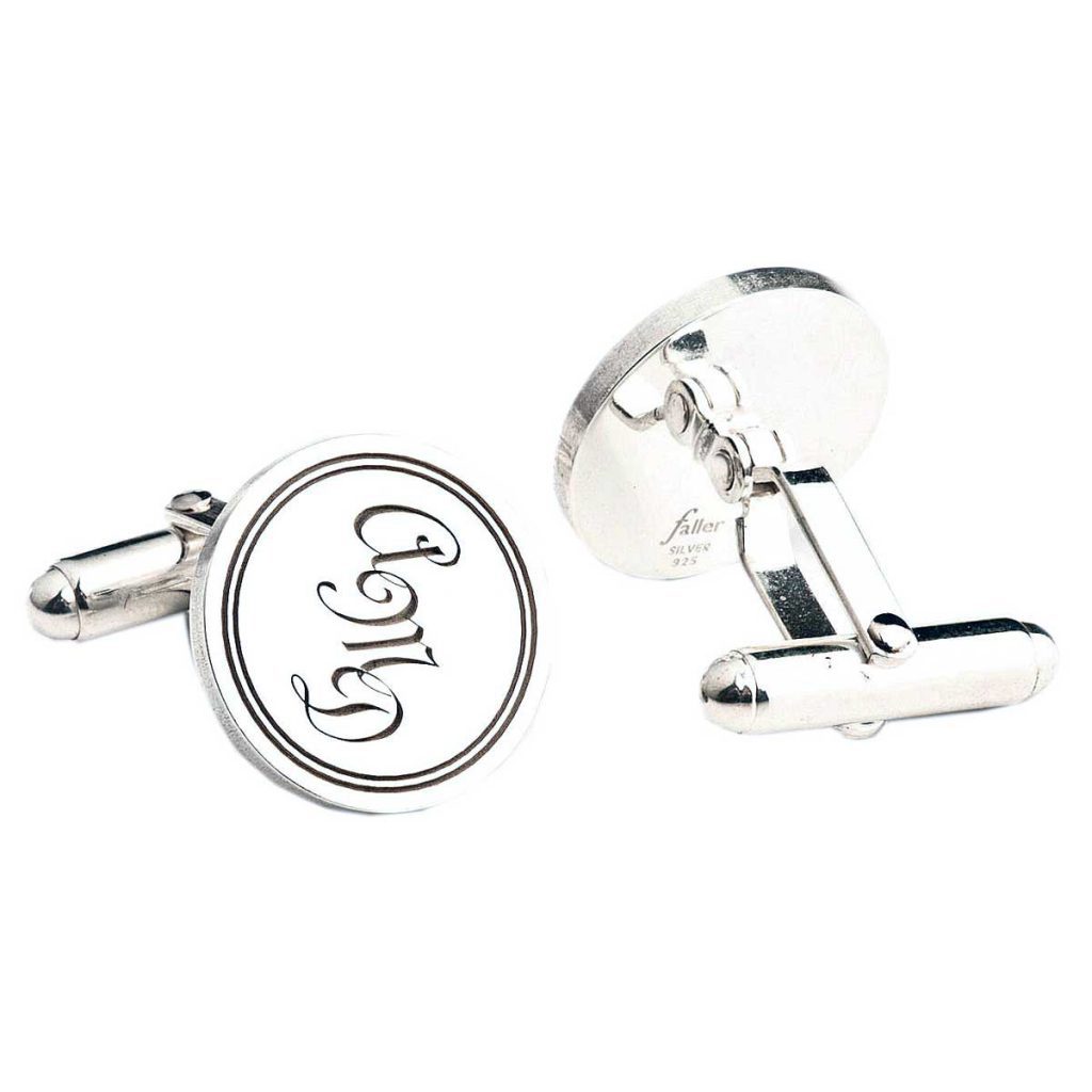 Double line border, sterling round silver cufflinks with initial engraving