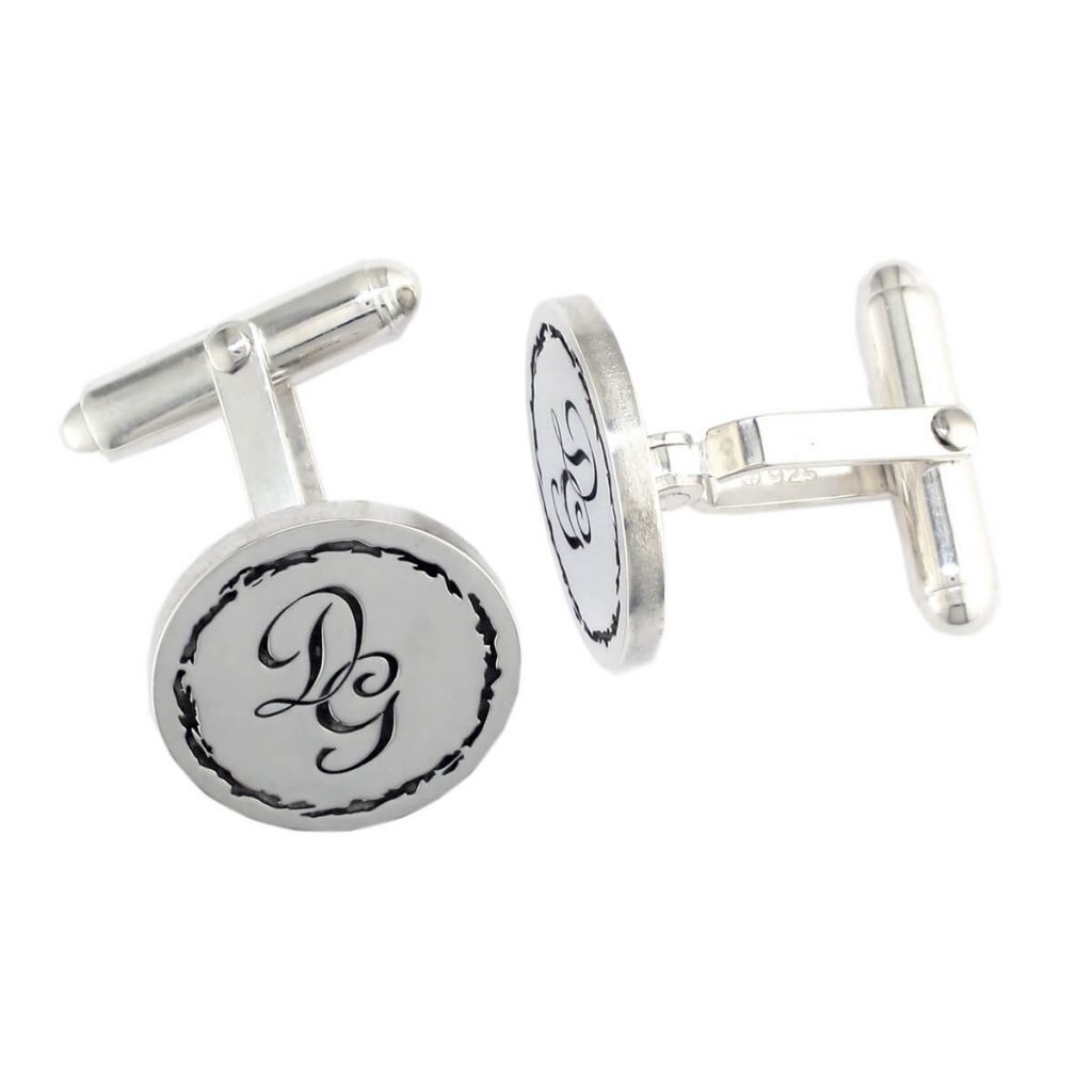 Jagged line border, sterling round silver cufflinks with initial engraving