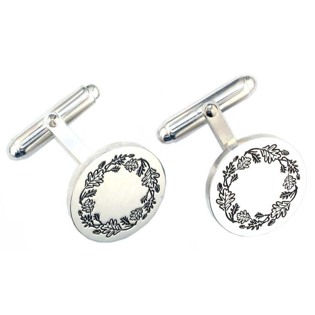 Oak leaf and acorn wreath pattern sterling silver round cufflinks