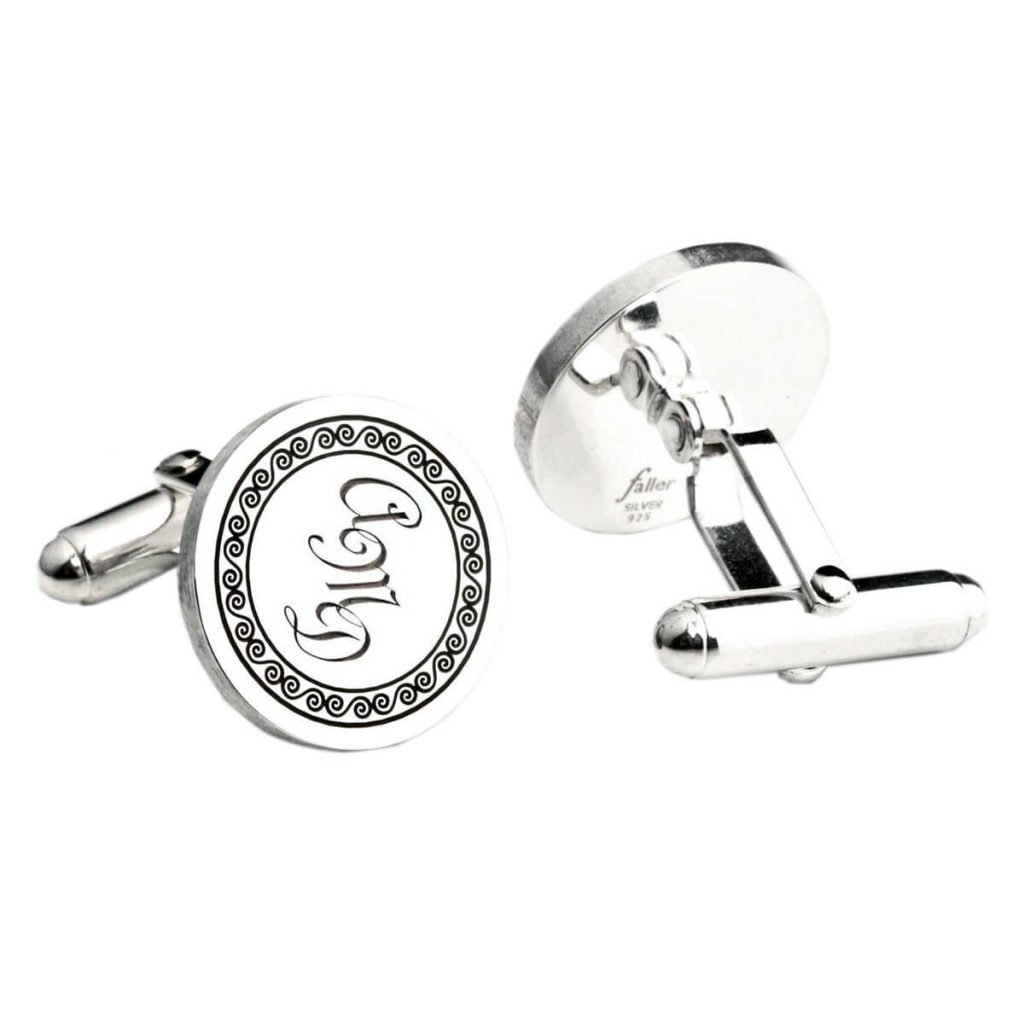 Spirals border, sterling round silver cufflinks with initial engraving