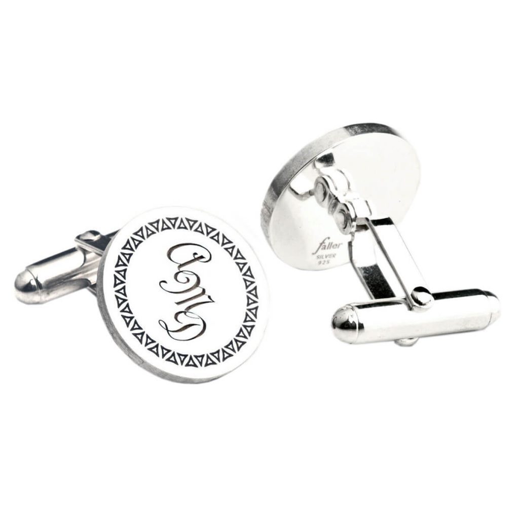 Triangles border, sterling round silver cufflinks with initial engraving