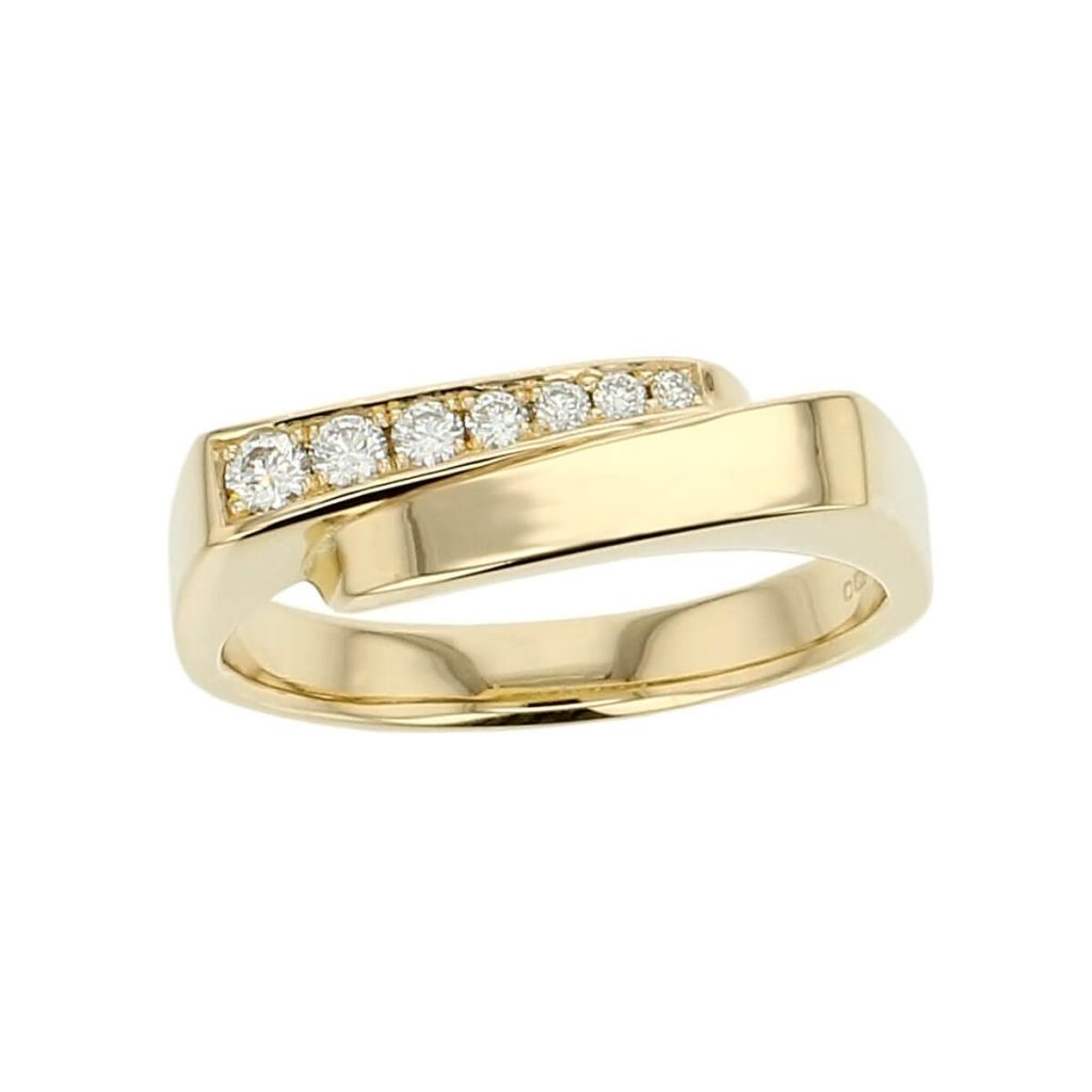 Faller cross over diamond 18ct yellow gold ladies dress ring. 18kt, designer, handmade by Faller, Derry/ Londonderry, hand crafted, precious jewellery, jewelry