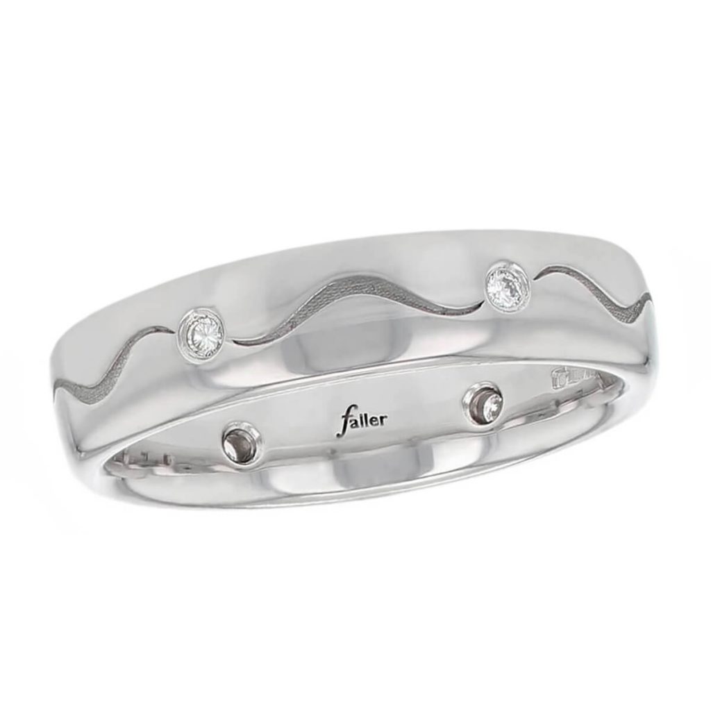 4.5mm wide platinum ladies diamond set patterned wedding ring, woman's, bridal, personalised engraving, court profile, comfort fit, marraige ring, precious jewellery by Faller of Derry/ Londonderry, jewelry, 6 flush set round brilliant diamonds, equidistant, wave pattern