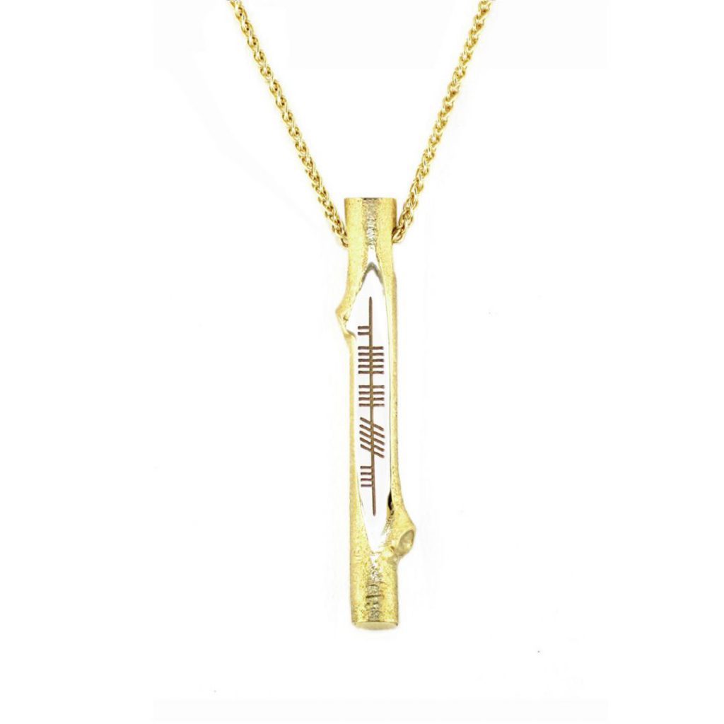 believe, creid, Ogham Stick 18ct yellow gold pendant, Faller, ancient script, talisman, oak twig secret message, celtic runes, Celtic Tree Alphabet, gaelic, hand-made, pillar