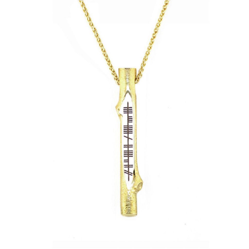 Forever Yours, Go deo mise, Ogham Stick 18ct yellow gold pendant, Faller, ancient script, talisman, oak twig secret message, celtic runes, Celtic Tree Alphabet, gaelic, hand-made, pillar