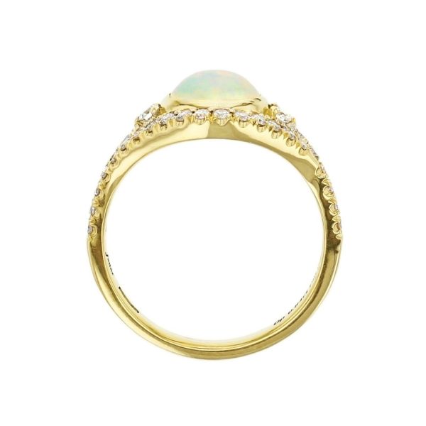 18ct yellow gold oval cut cabochon opal gemstone & diamond halo dress ring, designer jewellery, gem, jewelry, handmade by Faller, Londonderry, Northern Ireland, Irish hand crafted