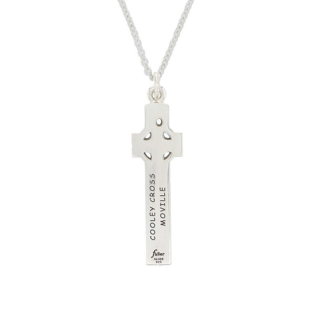 small silver Cooley cross, Moville pendant back view