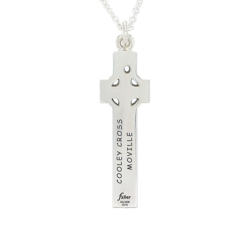 large silver Cooley cross, Moville pendant back view