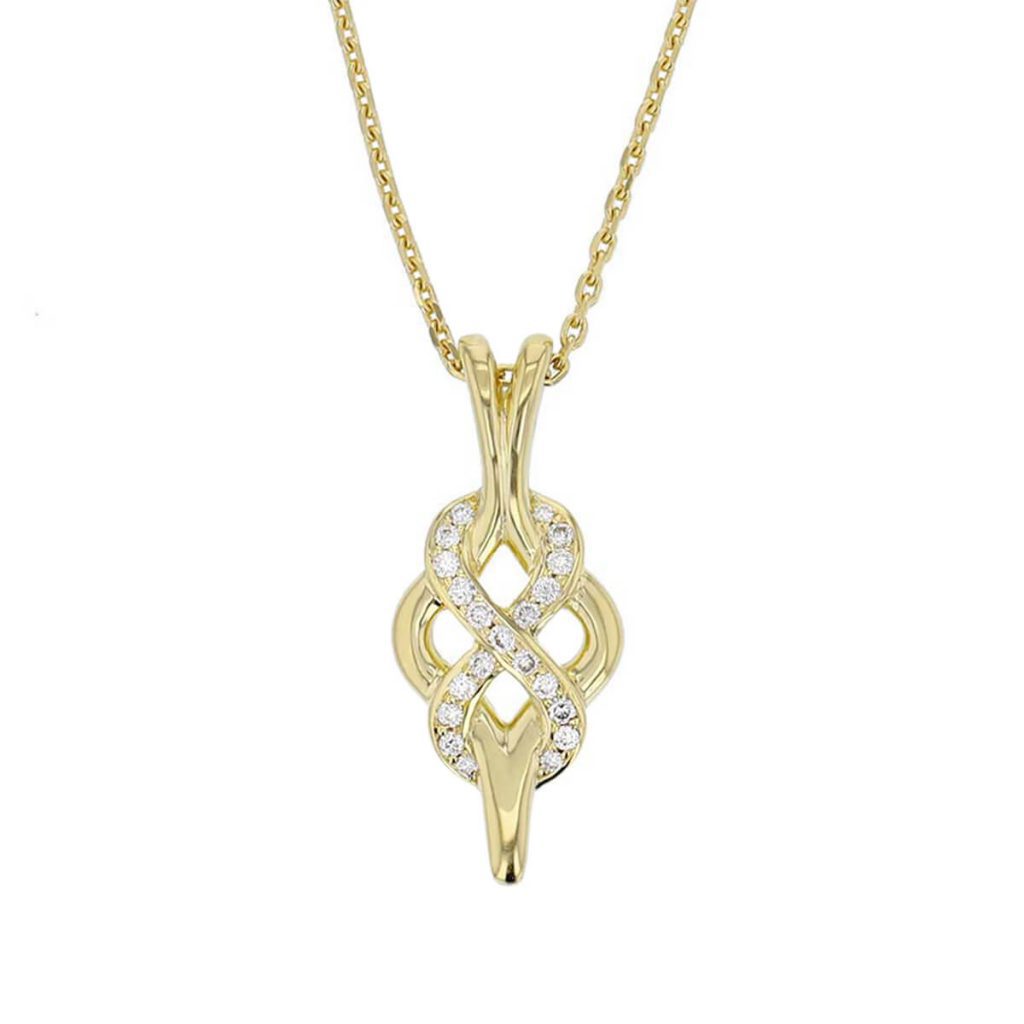 Faller Woven Eternal diamond 18ct yellow gold ladies pendant with chain, 18kt, designer, handmade by Faller, Derry/ Londonderry, hand crafted, precious jewellery, jewelry, eternity together, figure of 8