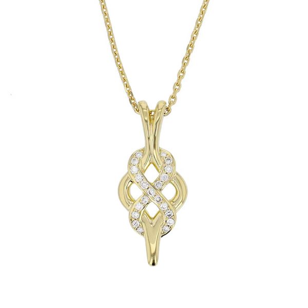 Faller Woven Eternal diamond 18ct yellow gold ladies pendant with chain, 18kt, designer, handmade by Faller, Derry/ Londonderry, hand crafted, precious jewellery, jewelry, eternity together, figure of 8