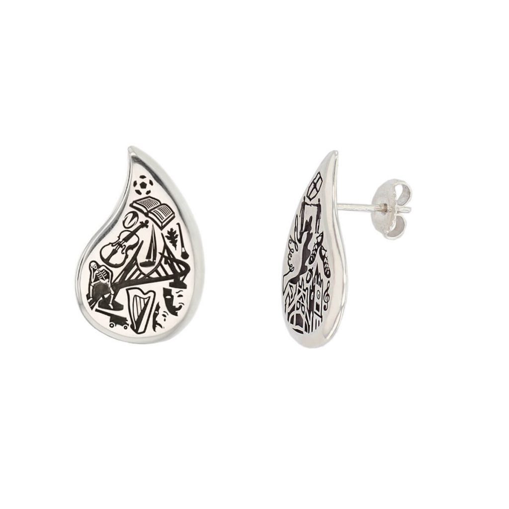 silver drop of derry stud earrings with side view