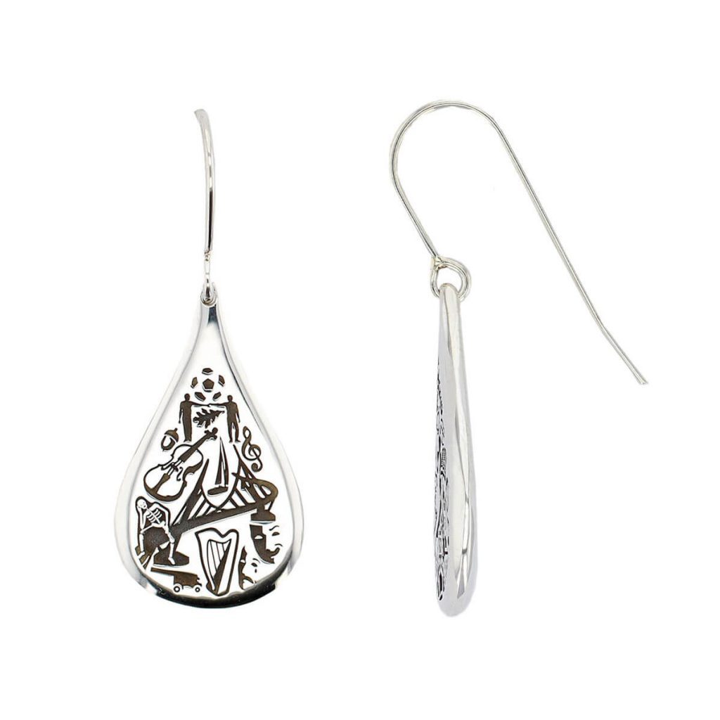 silver drop of derry drop earrings with side view