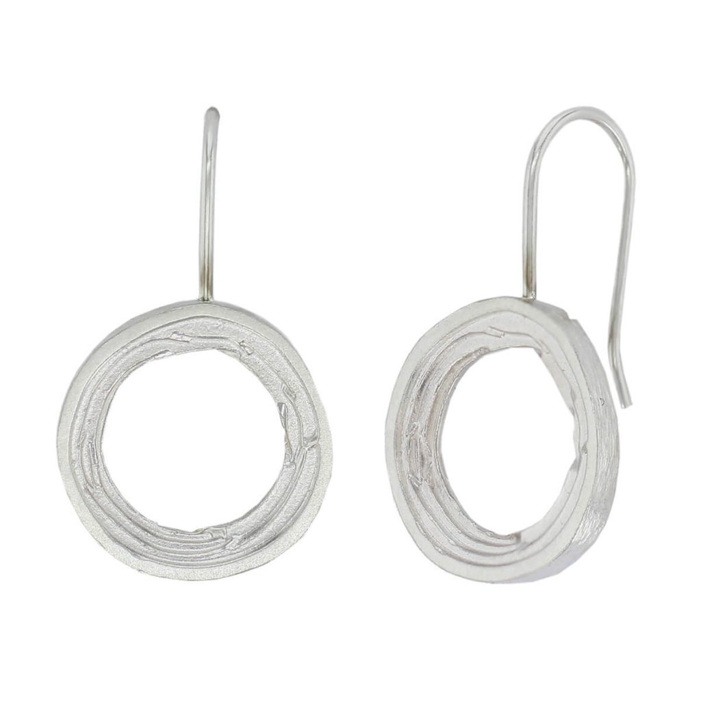 Grianán of Aileach silver drop earrings with side view showing shepherds hook fitting