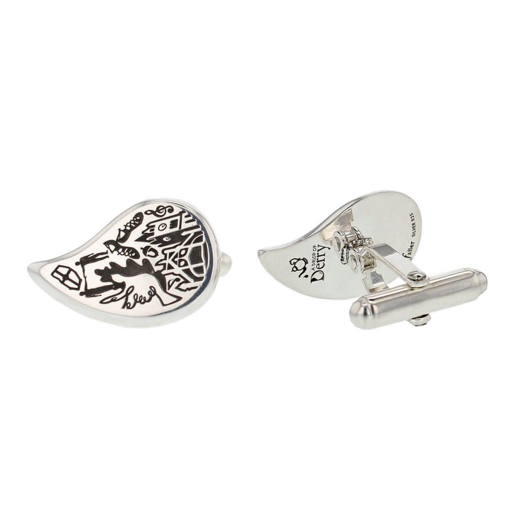 silver drop of derry cufflinks with back view