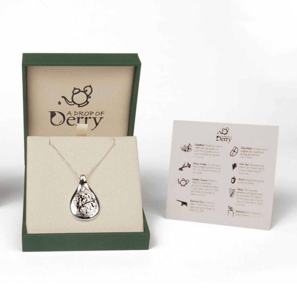 Faller Drop of Derry silver pendant, packaging, box