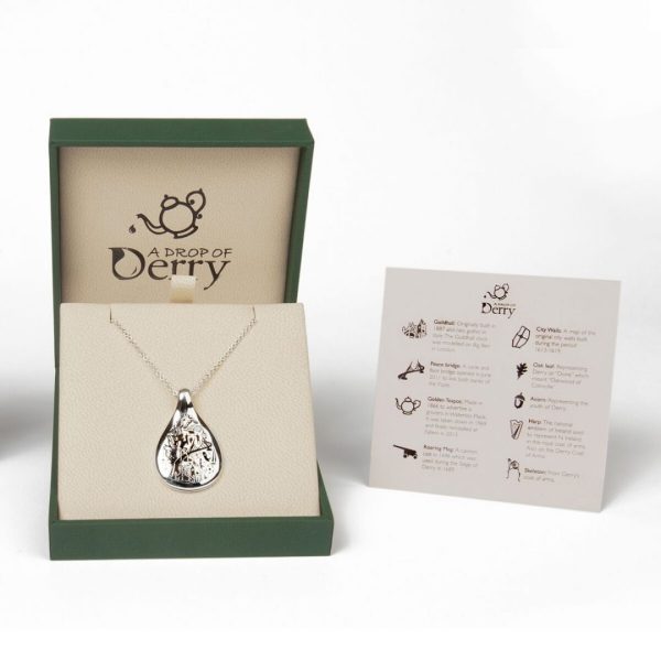 Faller Drop of Derry, Londonderry, Northern Ireland, culture, heritage, historical, peace bridge, guildhall, music, sterling silver pendant, packaging