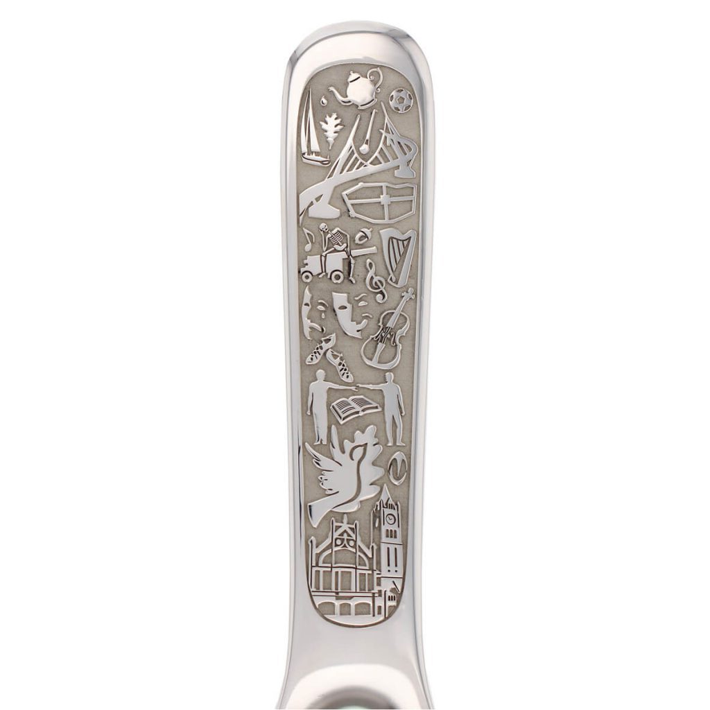 derry heritage engraving detail of silver baby spoon