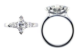 marquise cut diamond trilogy engagement ring style, designed & made by Faller the Jeweller, Derry/ Londonderry, Northern Ireland, bespoke cluster rings, custom design by Faller, platinum, three stone,