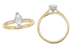 marquise cut diamond solitaire style engagement ring style, designed & made by Faller the Jeweller, Derry/ Londonderry, Northern Ireland, bespoke rings, custom design by Faller, platinum, yellow gold, navette cut diamond