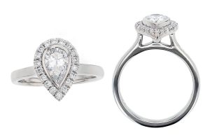 pear cut diamond halo engagement ring style, designed & made by Faller the Jeweller, Derry/ Londonderry, Northern Ireland, bespoke cluster rings, custom design by Faller