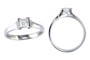 square diamond solitaire style engagement ring style, designed & made by Faller the Jeweller, Derry/ Londonderry, Northern Ireland, bespoke rings, custom design by Faller, platinum