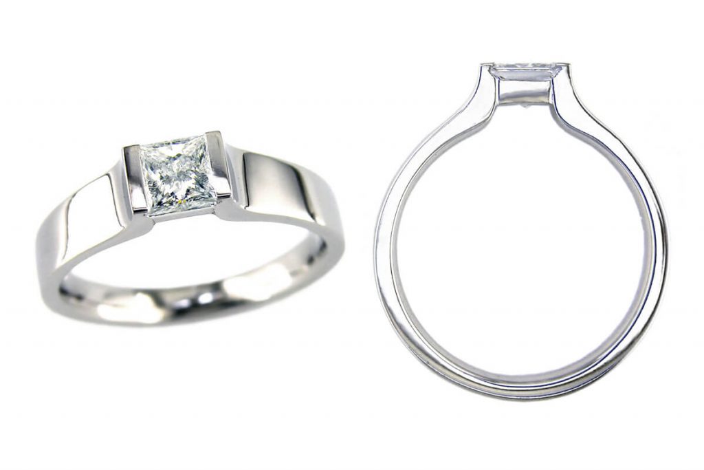 square diamond solitaire style engagement ring style, designed & made by Faller the Jeweller, Derry/ Londonderry, Northern Ireland, bespoke rings, custom design by Faller, platinum