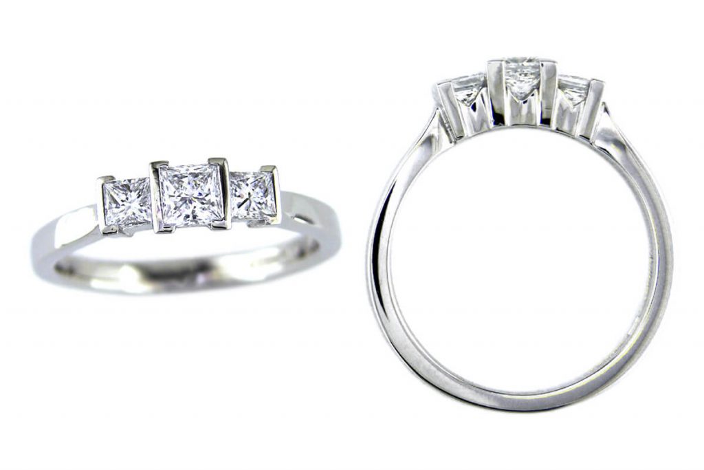 princess cut diamond trilogy engagement ring style, designed & made by Faller the Jeweller, Derry/ Londonderry, Northern Ireland, bespoke cluster rings, custom design by Faller, platinum, three stone,