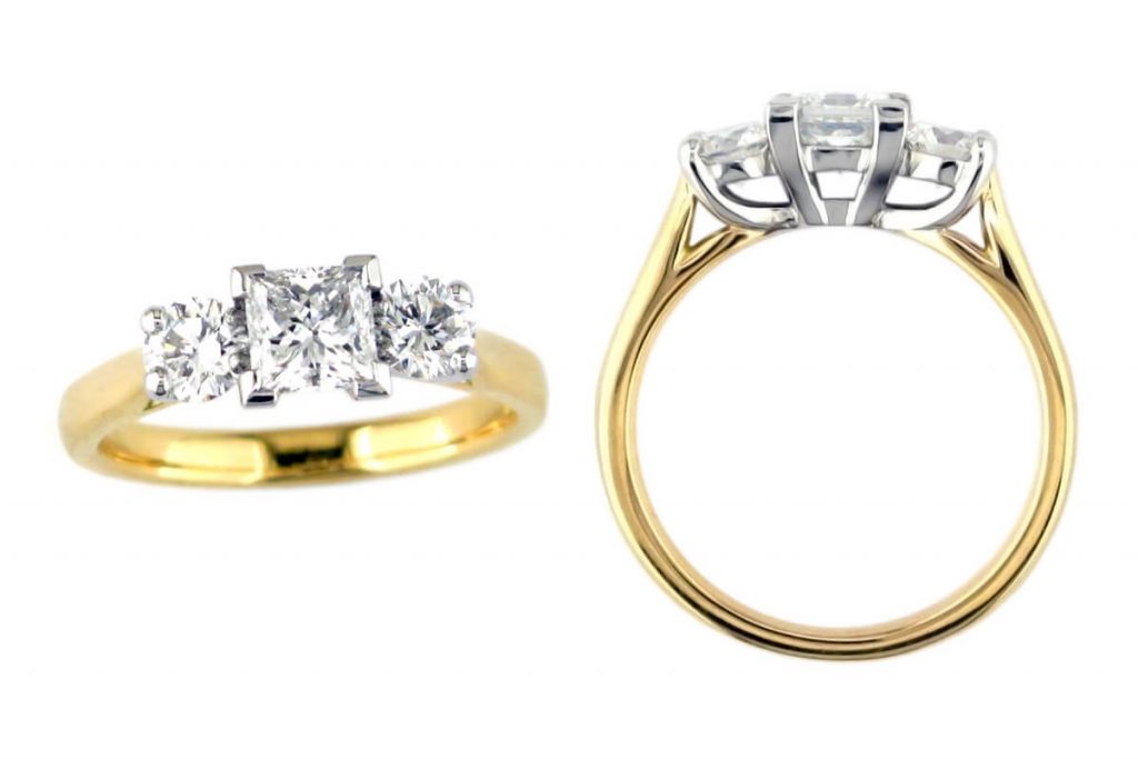 princess cut diamond trilogy engagement ring style, designed & made by Faller the Jeweller, Derry/ Londonderry, Northern Ireland, bespoke cluster rings, custom design by Faller, platinum, three stone,