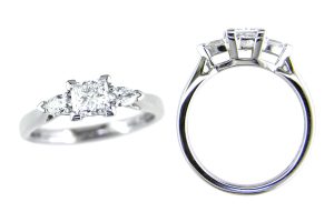 princess cut diamond trilogy engagement ring style, designed & made by Faller the Jeweller, Derry/ Londonderry, Northern Ireland, bespoke cluster rings, custom design by Faller, platinum, three stone,