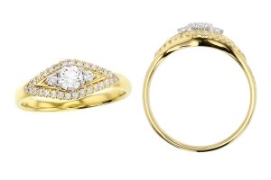 round multi-stone style engagement ring style, designed & made by Faller the Jeweller, Derry/ Londonderry, Northern Ireland, bespoke rings, custom design by Faller. platinum, yellow gold