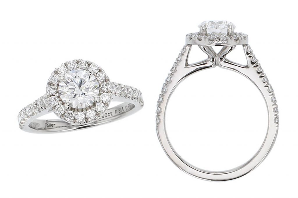 round halo style engagement ring style, designed & made by Faller the Jeweller, Derry/ Londonderry, Northern Ireland, bespoke rings, custom design by Faller. platinum