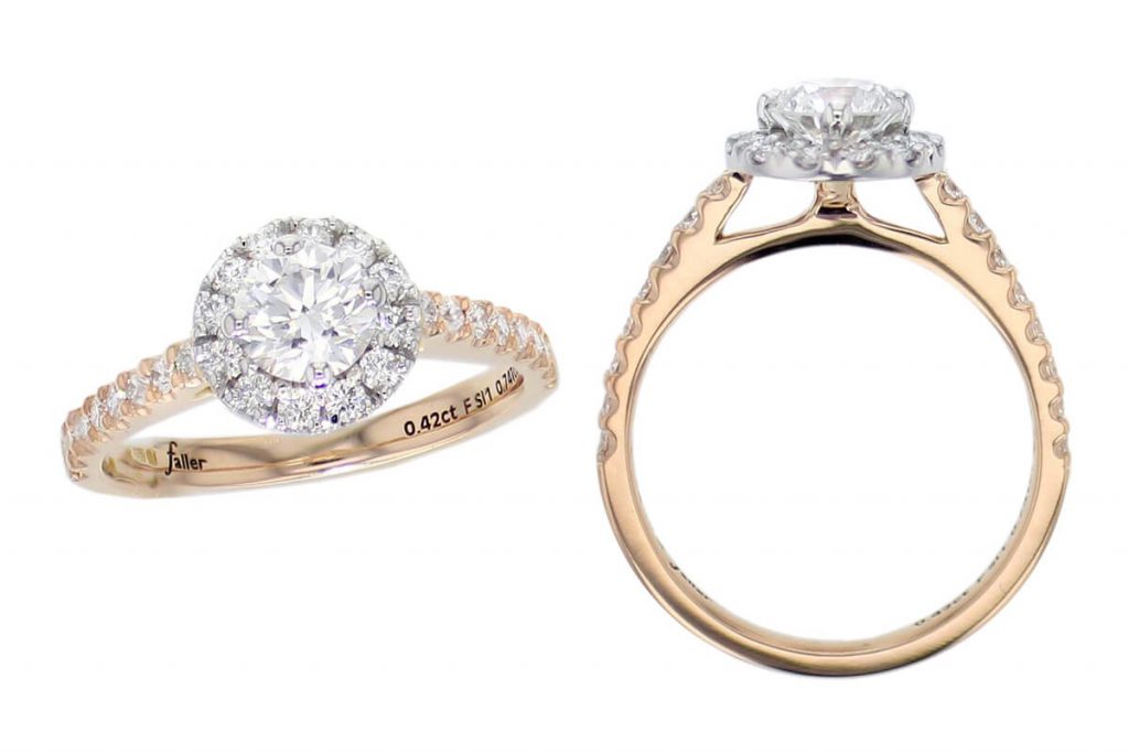 round halo style engagement ring style, designed & made by Faller the Jeweller, Derry/ Londonderry, Northern Ireland, bespoke rings, custom design by Faller, platinum, rose