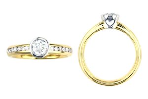 round diamond multi-stone engagement ring style with diamond set band, designed & made by Faller the Jeweller, Derry/ Londonderry, Northern Ireland, bespoke rings, custom design by Faller,