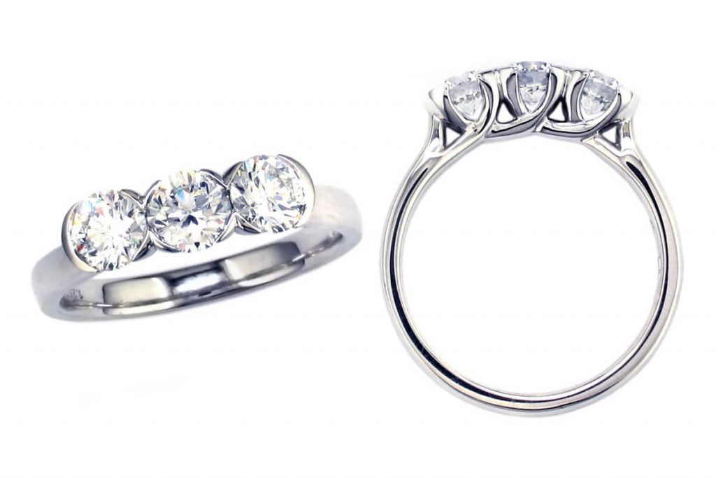 round cut diamond trilogy engagement ring style, designed & made by Faller the Jeweller, Derry/ Londonderry, Northern Ireland, bespoke cluster rings, custom design by Faller, platinum, three stone,