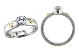 round cut diamond trilogy engagement ring style, designed & made by Faller the Jeweller, Derry/ Londonderry, Northern Ireland, bespoke cluster rings, custom design by Faller, platinum, three stone,