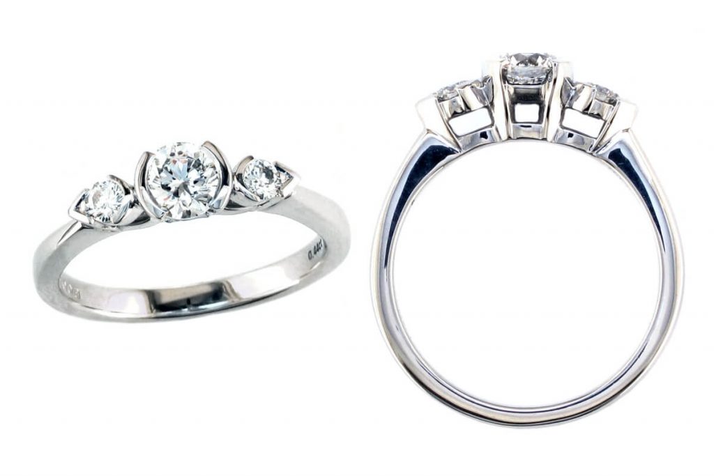 round cut diamond trilogy engagement ring style, designed & made by Faller the Jeweller, Derry/ Londonderry, Northern Ireland, bespoke cluster rings, custom design by Faller, platinum, three stone,