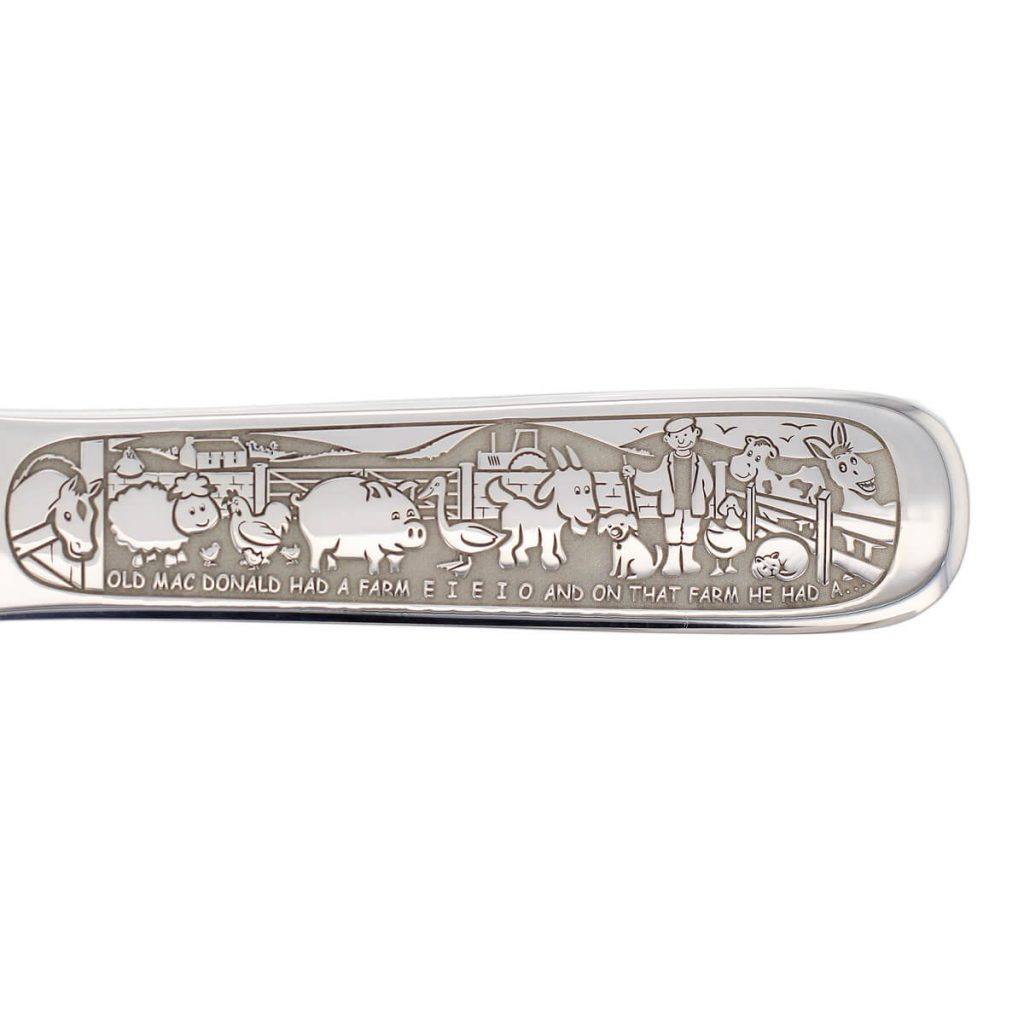 farm engraving detail of silver baby spoon