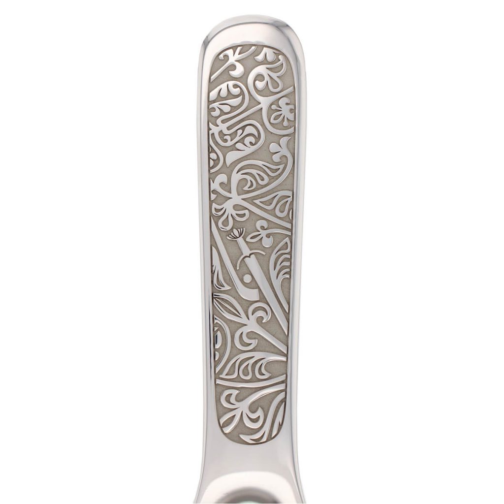 Galloglas engraving detail of silver baby spoon