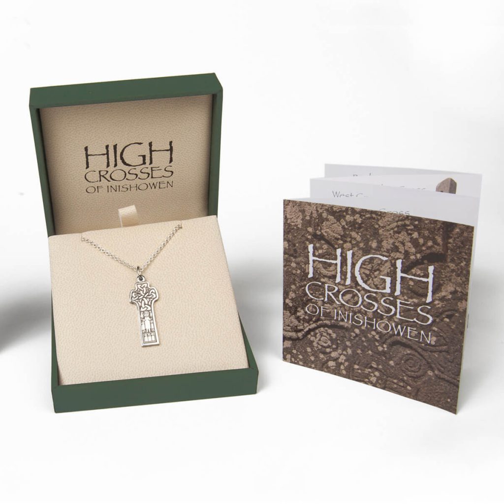 High Crosses of Inishowen silver pendant, packaging, box