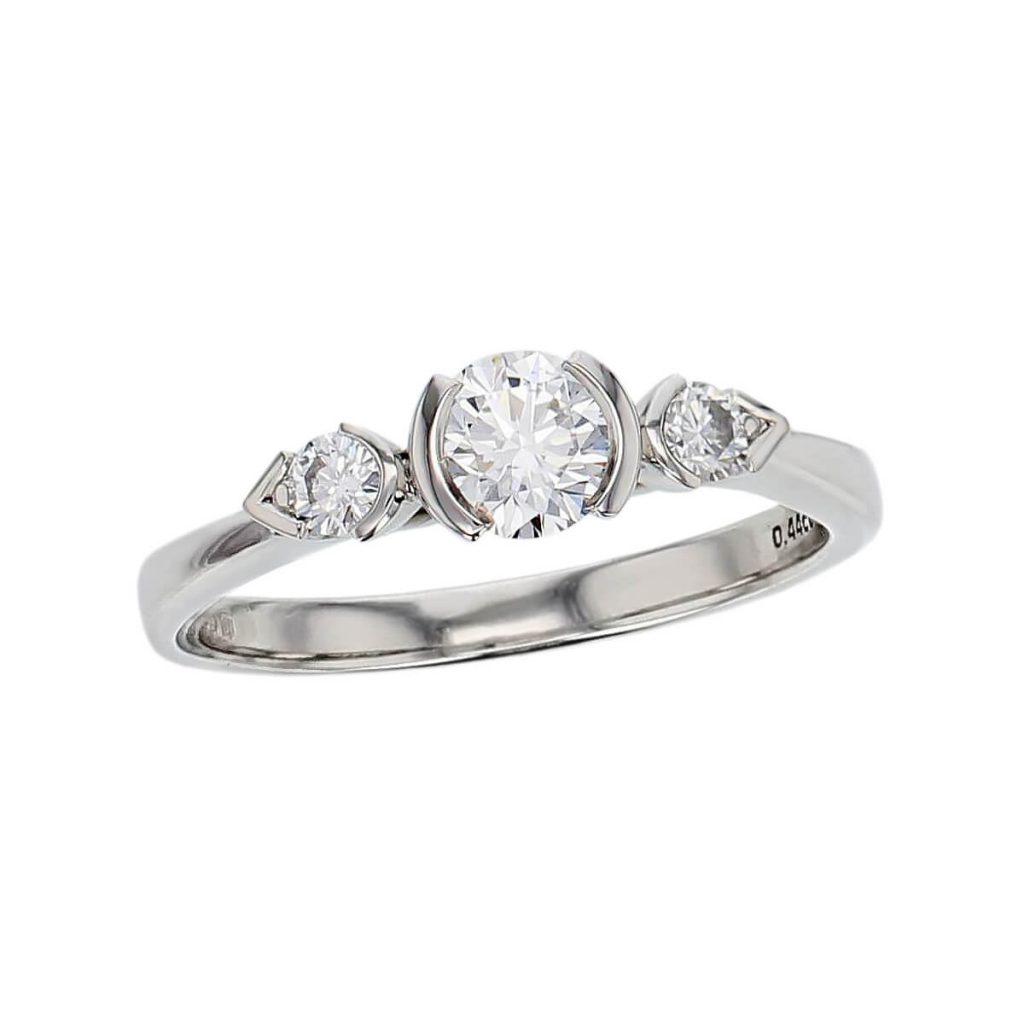 round brilliant cut diamond trilogy engagement ring, illusion pear cut side diamonds, platinum designer handmade by Faller, hand crafted, betrothal, promise, precious jewellery, jewelry, GIA certified, hand crafted, G.I.A. GIA, three stone