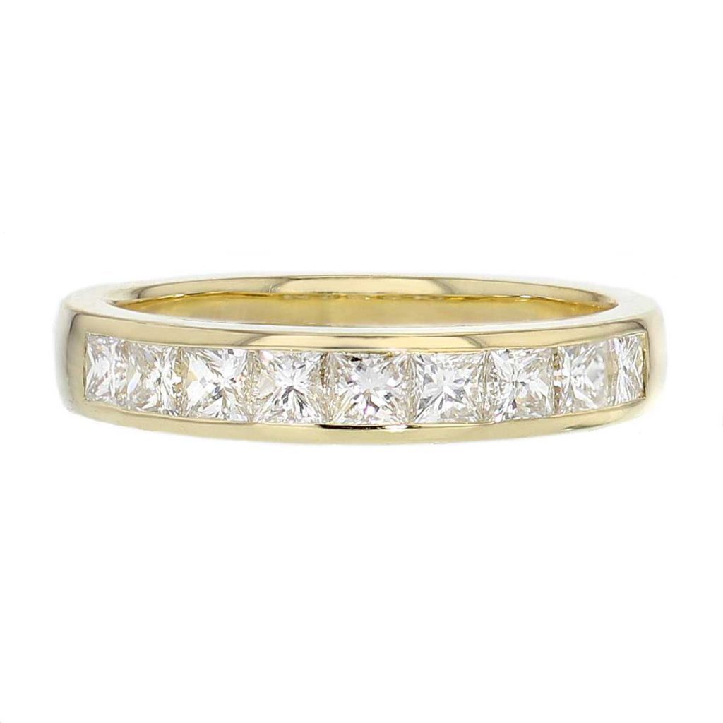 3.6mm wide 18ct yellow gold ladies princess cut diamond eternity ring, personalised engraving, court profile, comfort fit, precious jewellery by Faller of Derry/ Londonderry, jewelry, channel set, 18kt, tapered