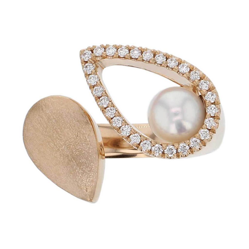 Faller Coverge Pear, Acoya pearl & diamond 18ct yellow gold ladies dress ring. 18kt, designer, handmade by Faller, Derry/ Londonderry, hand crafted, precious jewellery, jewelry