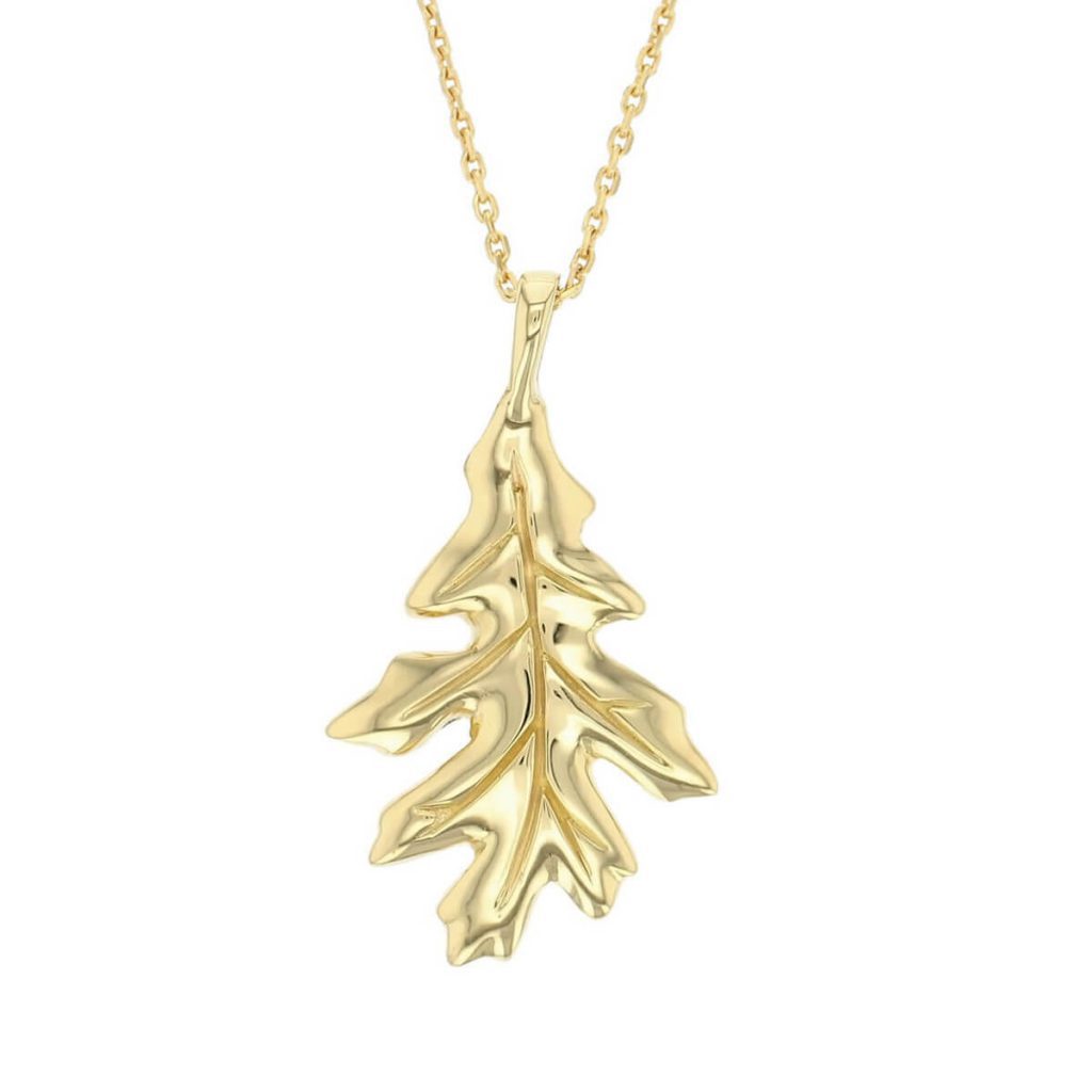 18ct yellow gold oak leaf pendant & chain, front view