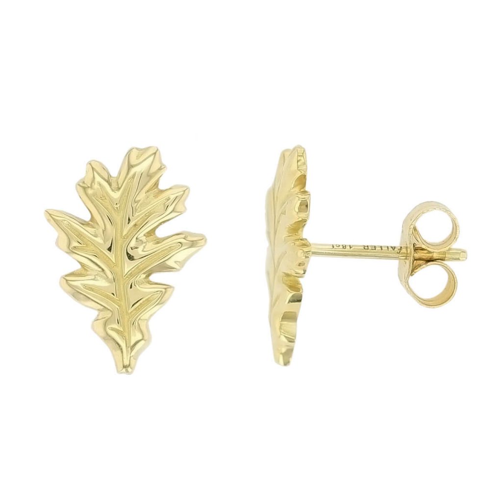 18ct yellow gold oak leaf stud earrings with side view showing earring post and scroll fittings