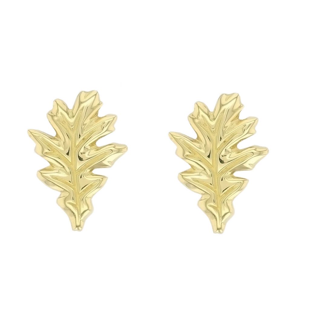 18ct yellow gold oak leaf stud earrings, front view