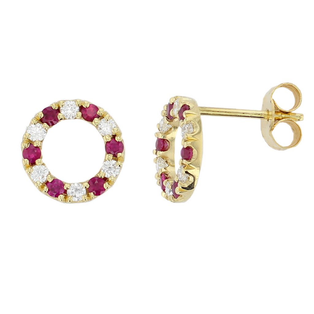 18ct yellow gold diamond and ruby eternal circle stud earrings with side view