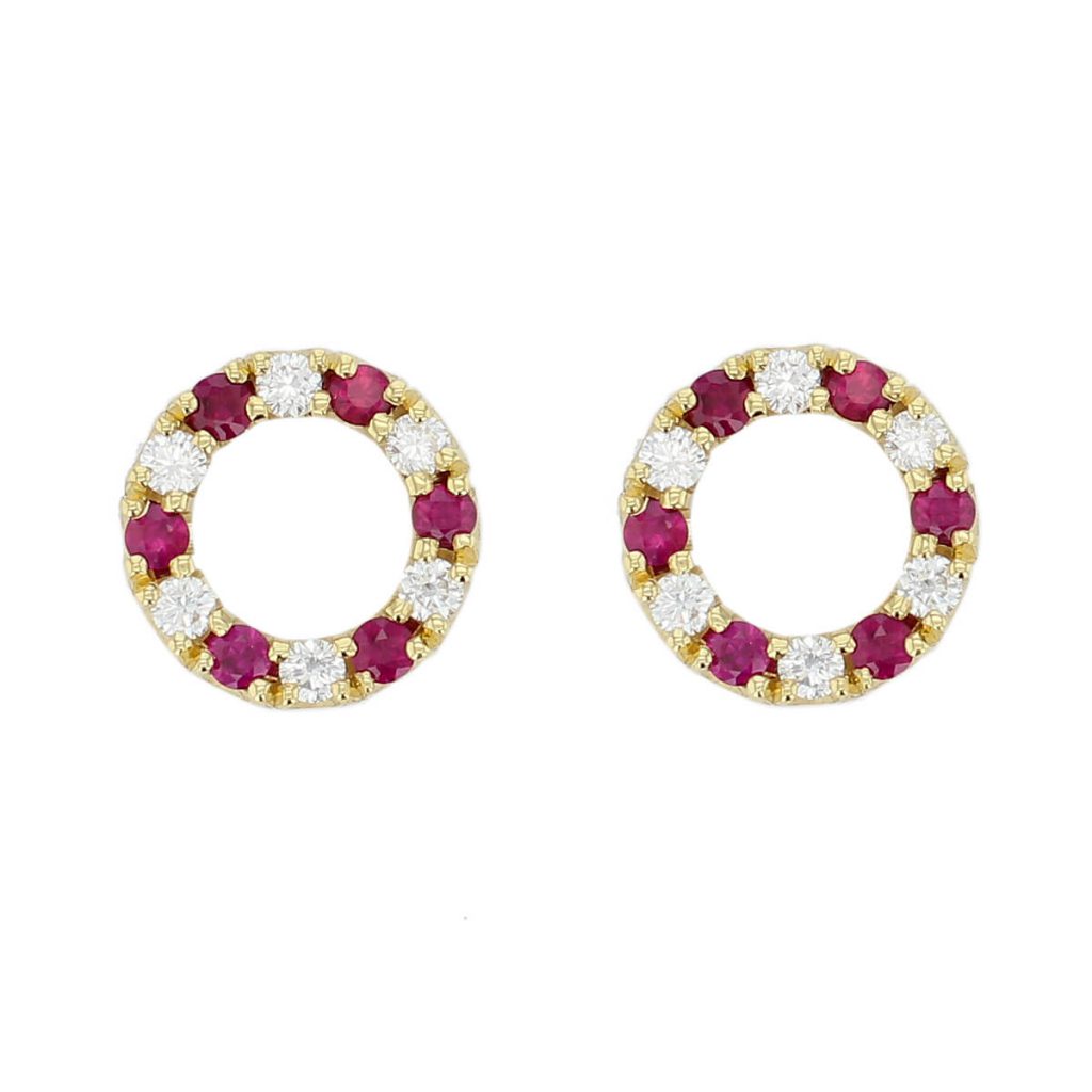 18ct yellow gold diamond and ruby eternal circle stud earrings