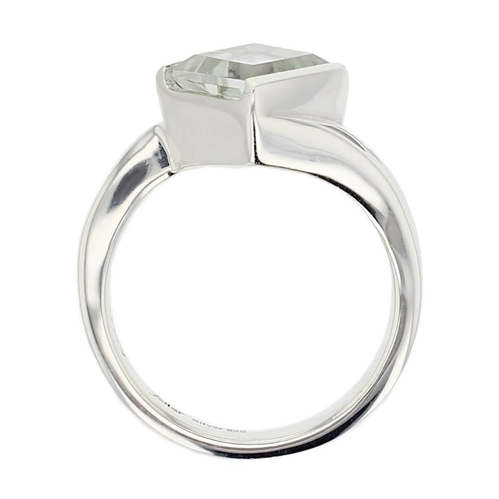 D’arcy sterling silver square cut faceted green quartz gemstone ring, side view
