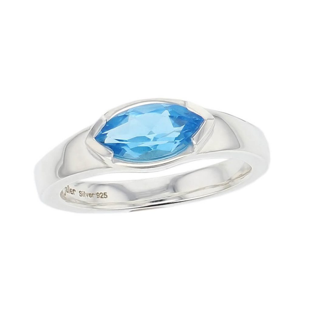 D’arcy sterling silver marquise cut faceted blue topaz gemstone ring, top view